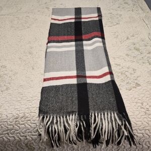 Plaid Fringe Scarf in Gray and Red